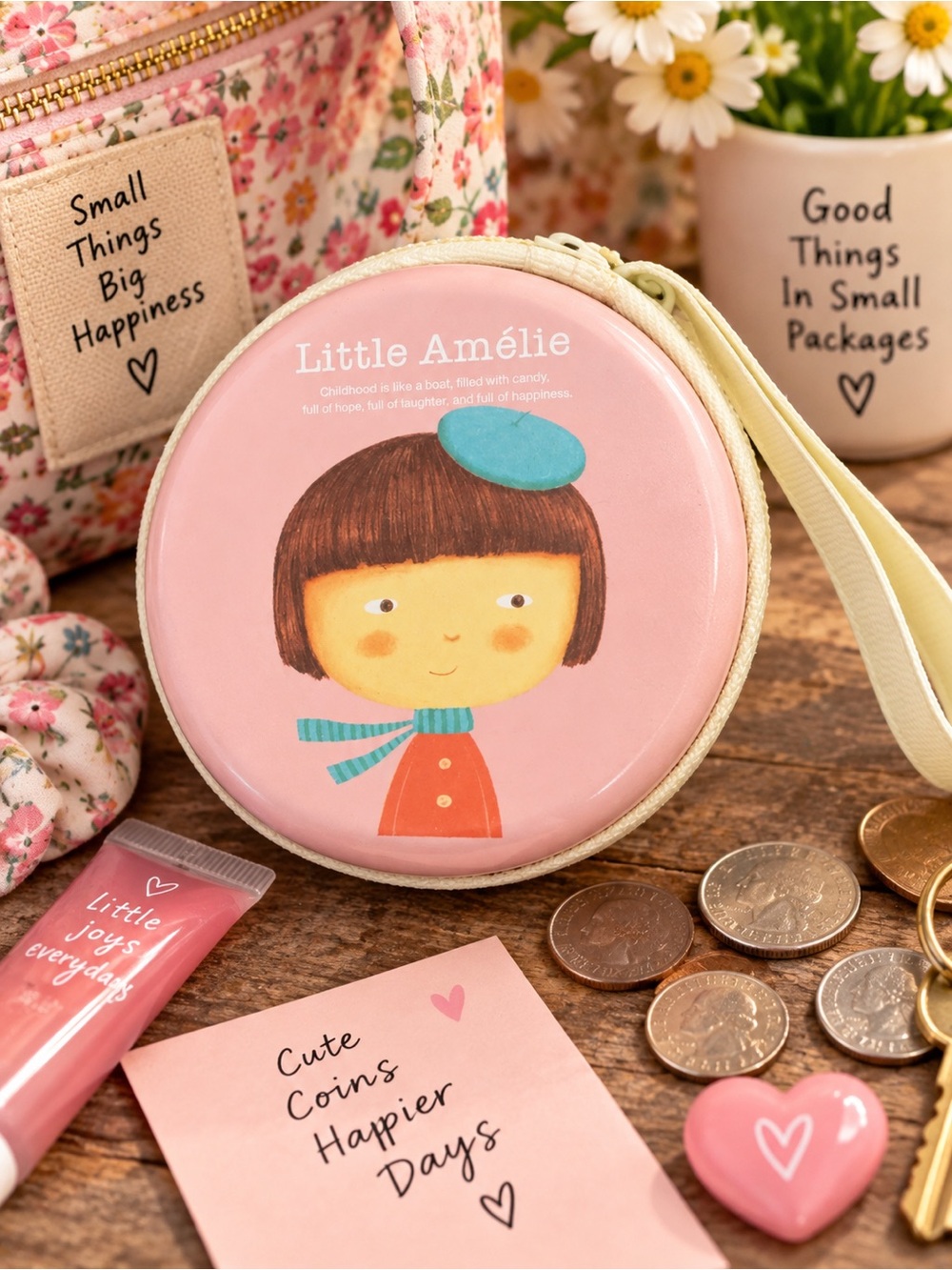 Little Amelie Pink Round Hard Shell Mini Travel Earbud Cord Coin Case Pouch